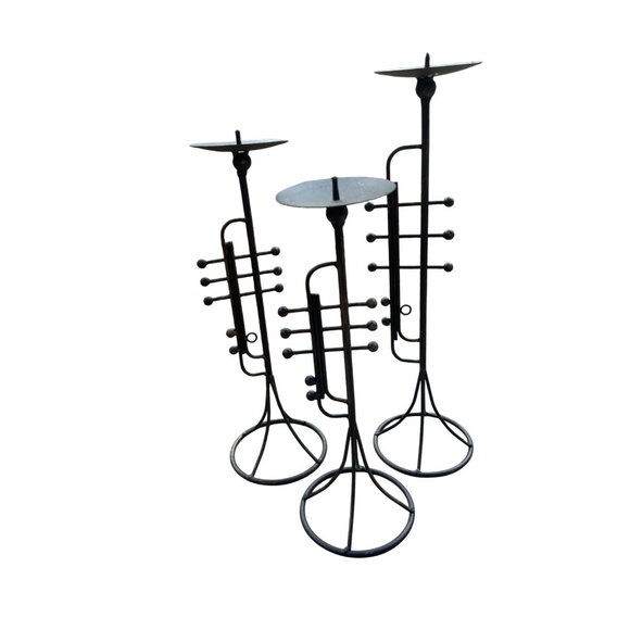 Set Of 3 Vintage Trumpet-Shaped Black Metal Pilar Candle Holders - Picture 1 of 13